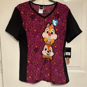 Disney Chip and Dale Cartoon Characters Women’s Scrub Top Purple & Black Size M